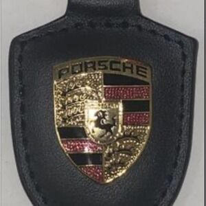 Black Porsche Leather Crest KeyRing Key Chain New